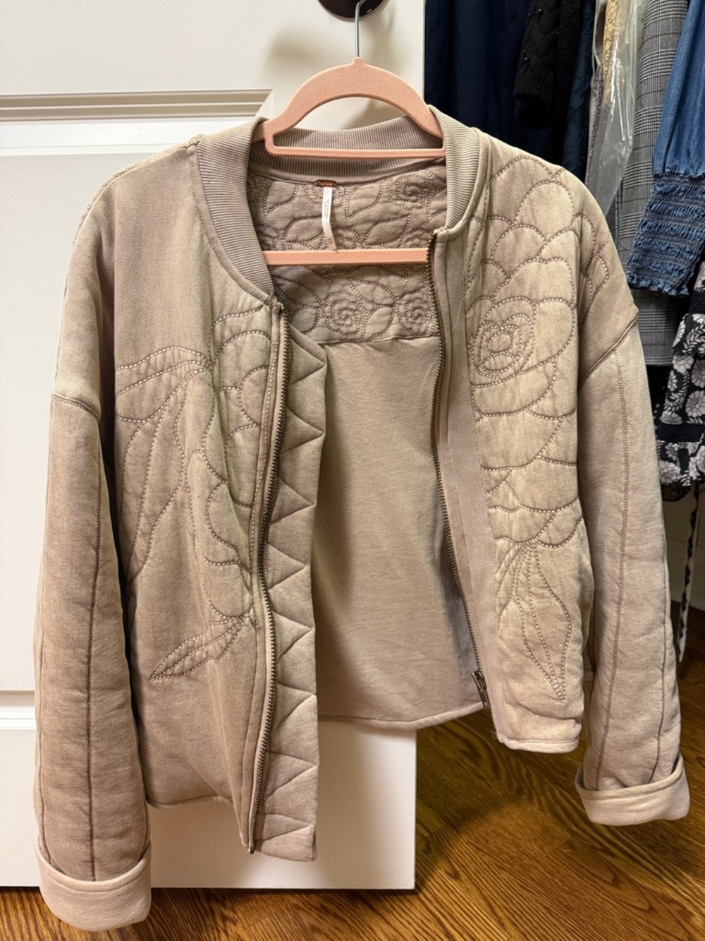 Free People Quilted Floral Embroidered Bomber Jacket - Beige Taupe